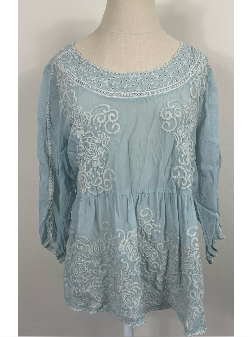 Johnny Was Light Blue Sheer Embroidered Peasant Blouse